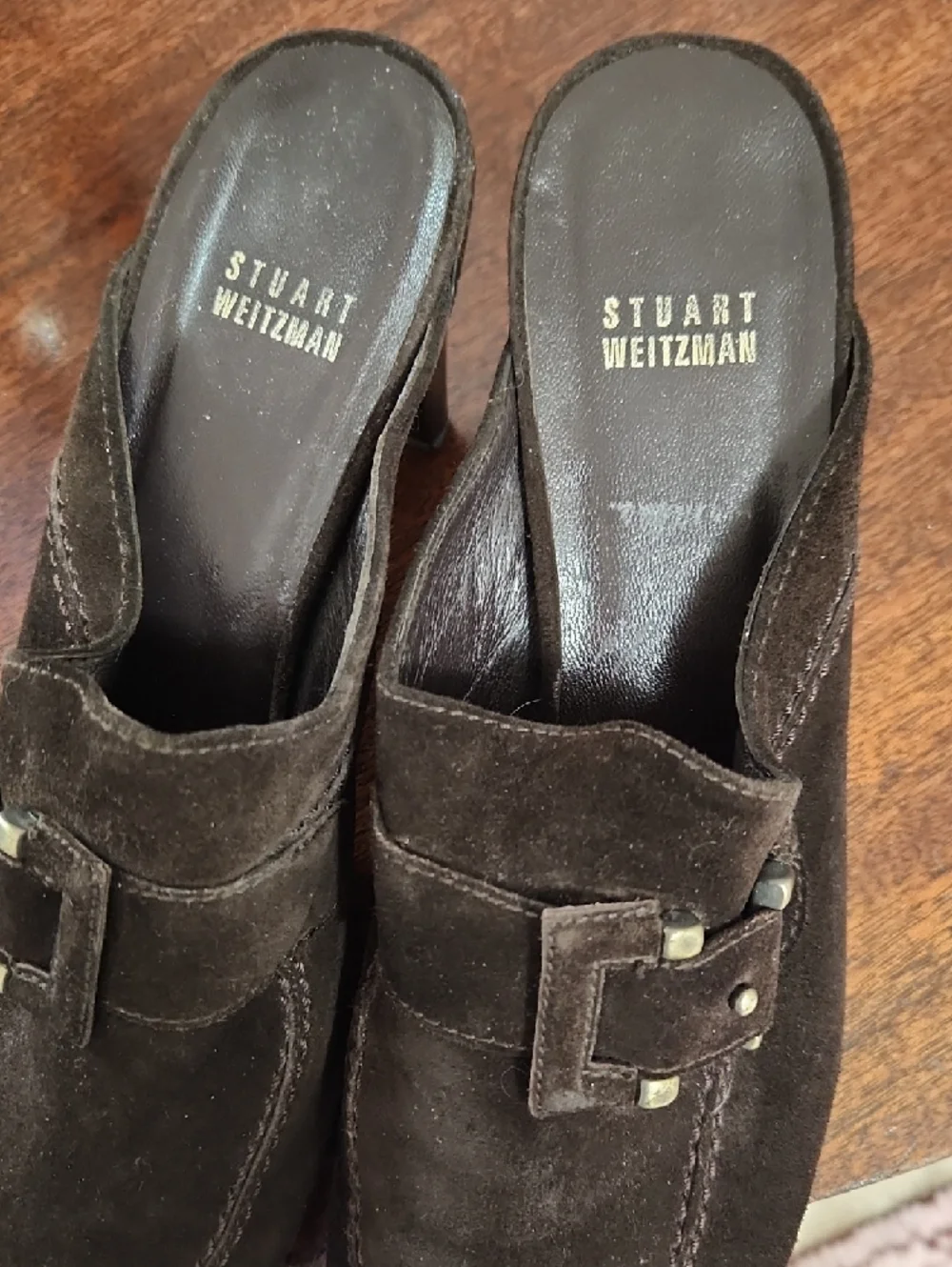 Stuart Weitzman Studded Black Suede Mule Heels with Buckle Accent - Picture 2 of 3